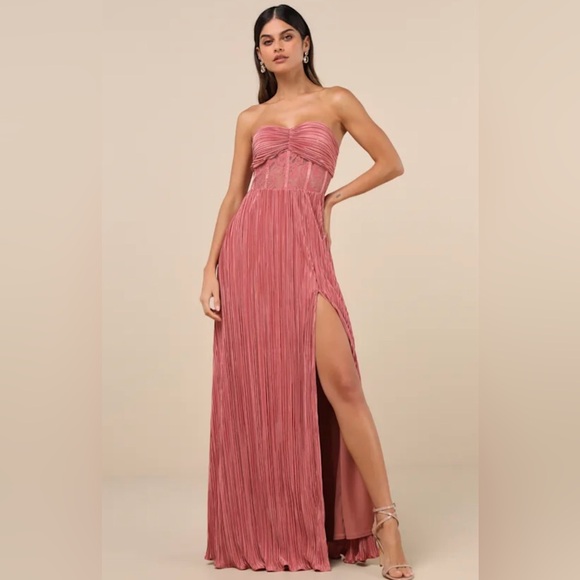Lulus Desme Rose Pink Satin Plisse Strapless Maxi Dress M NWT - Picture 6 of 6